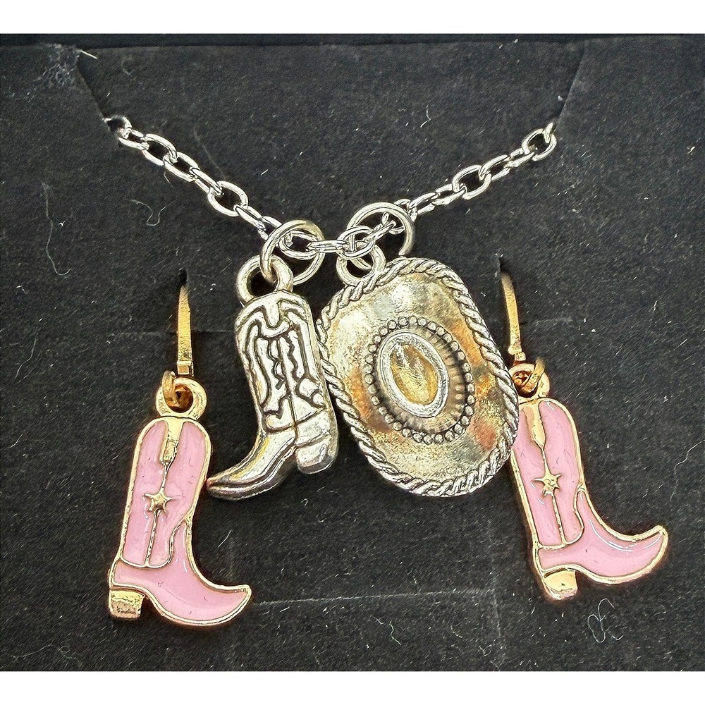 Jewelry Set Country Western Cowgirl Cowboy Hat Boot Charms Boho Pink Silver 20"